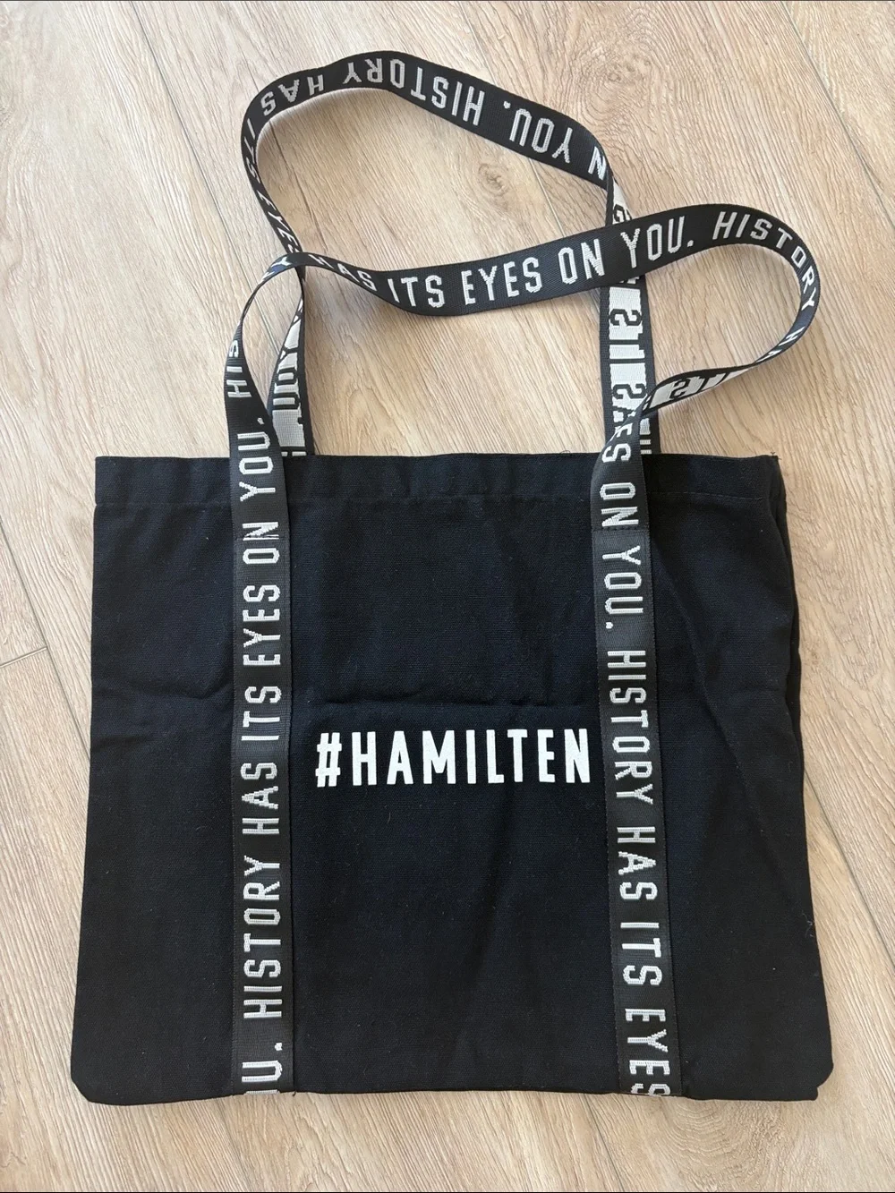 Hamilton Broadway Black Canvas Tote Bag with Star Graphic and Slogan Straps